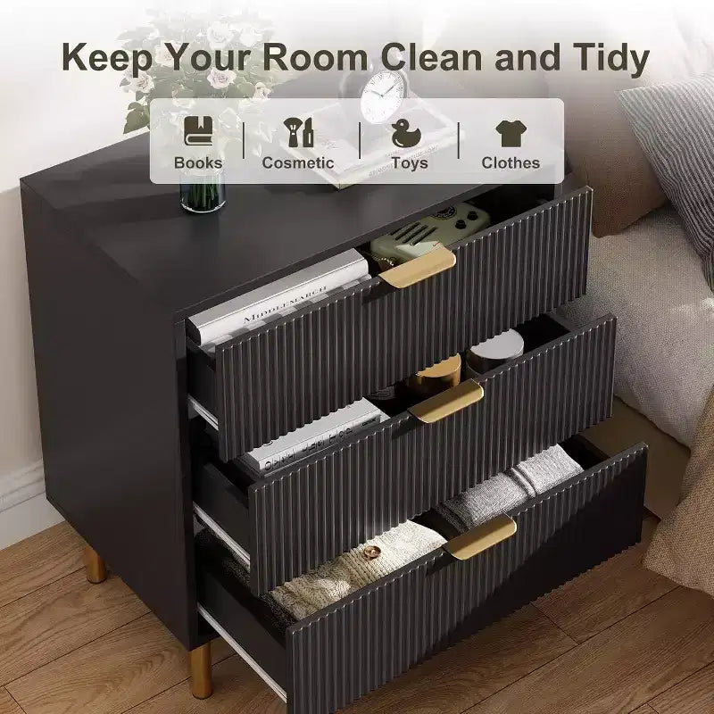 Acekool Fluted Wood 3 Drawer Dresser, 28 Wide Modern Chest, Bedroom Storage Organizer with Gold Handle for Living Room Entryway Hallway