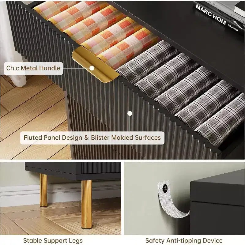 Acekool Fluted Wood 3 Drawer Dresser, 28 Wide Modern Chest, Bedroom Storage Organizer with Gold Handle for Living Room Entryway Hallway