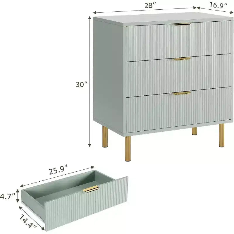 Acekool Fluted Wood 3 Drawer Dresser, 28 Wide Modern Chest, Bedroom Storage Organizer with Gold Handle for Living Room Entryway Hallway