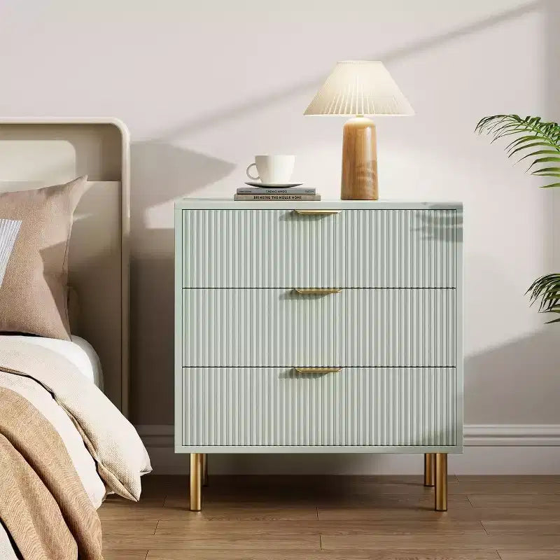 Acekool Fluted Wood 3 Drawer Dresser, 28 Wide Modern Chest, Bedroom Storage Organizer with Gold Handle for Living Room Entryway Hallway