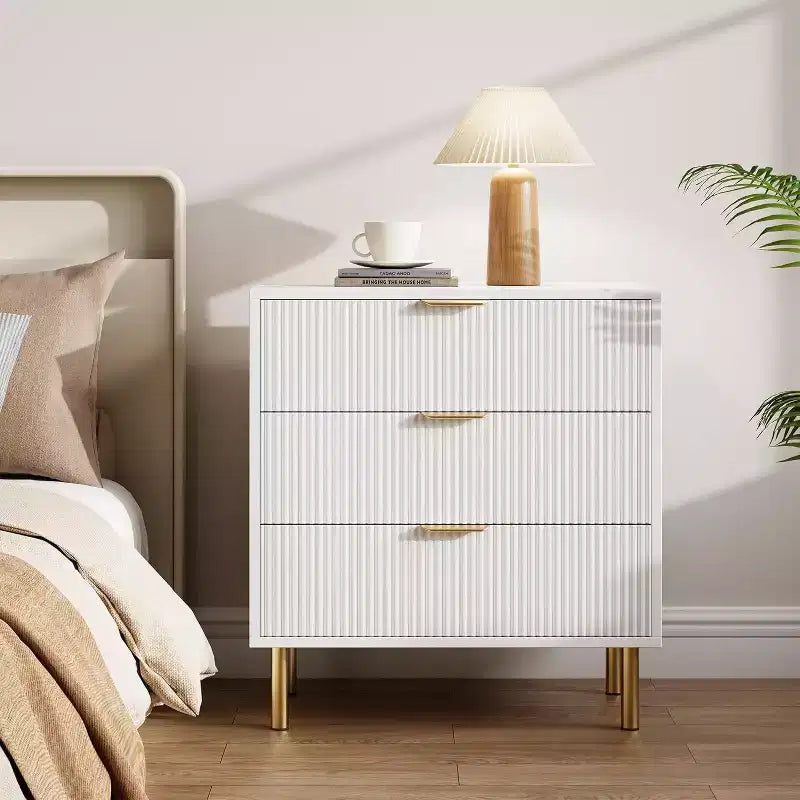 Acekool Fluted Wood 3 Drawer Dresser, 28 Wide Modern Chest, Bedroom Storage Organizer with Gold Handle for Living Room Entryway Hallway