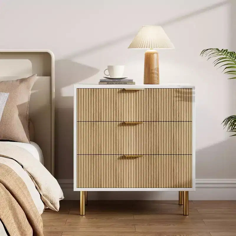Acekool Fluted Wood 3 Drawer Dresser, 28 Wide Modern Chest, Bedroom Storage Organizer with Gold Handle for Living Room Entryway Hallway
