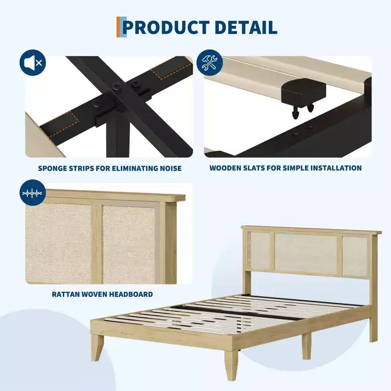 GustoWave Bed Frame with Natural Rattan Headboard, Strong Wooden Slats