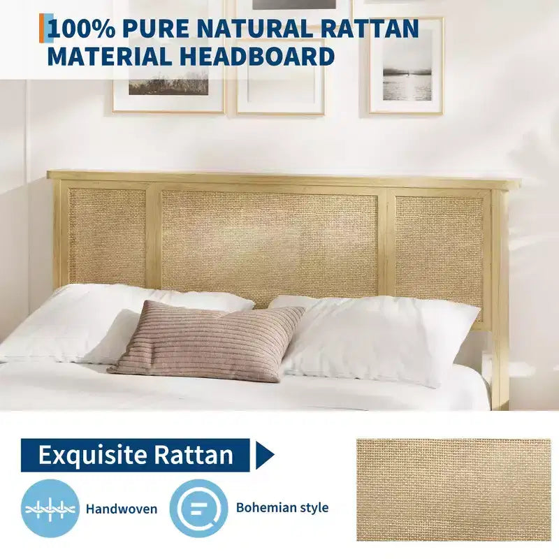GustoWave Bed Frame with Natural Rattan Headboard, Strong Wooden Slats