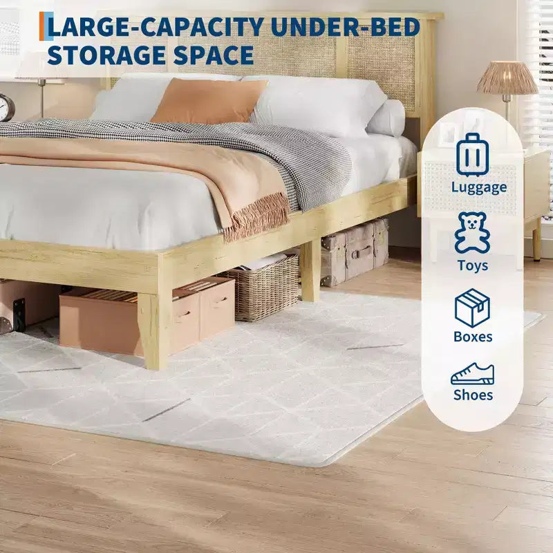 GustoWave Bed Frame with Natural Rattan Headboard, Strong Wooden Slats