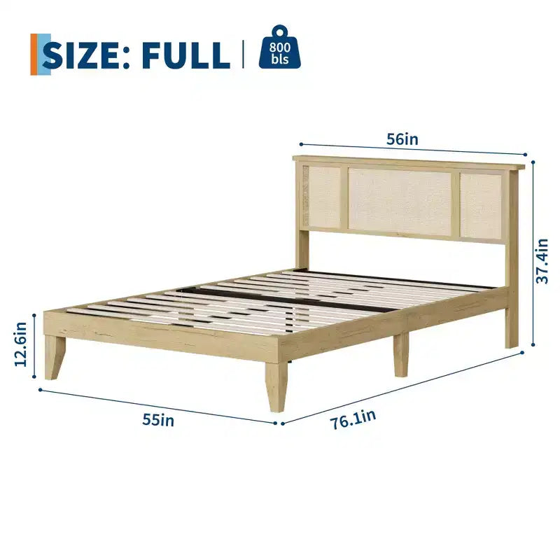 GustoWave Bed Frame with Natural Rattan Headboard, Strong Wooden Slats