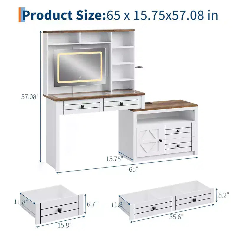 Vanity Mirror with Lights, Makeup Vanity Desk with 5 Drawers, 6 Open Storage Shelves, Large Extendable Dressing Table with Charging Station, Glass