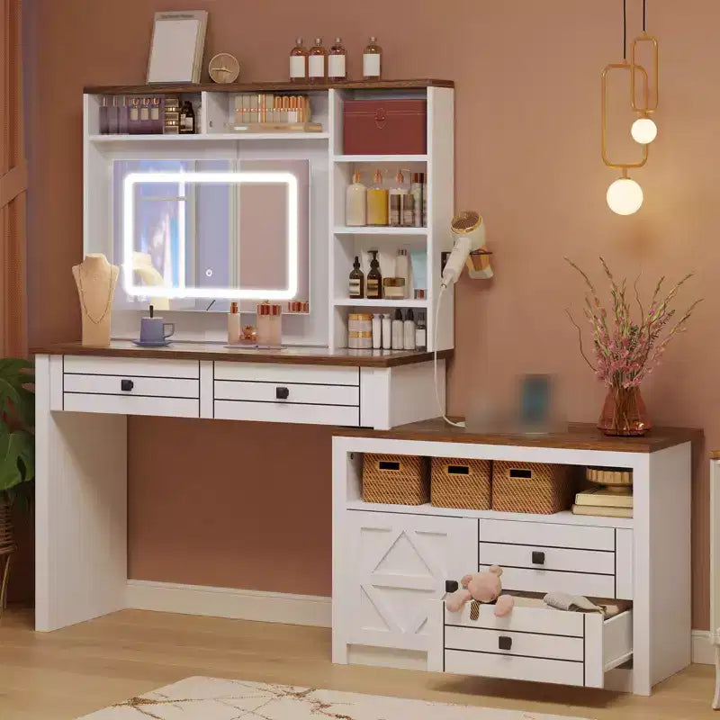 Vanity Mirror with Lights, Makeup Vanity Desk with 5 Drawers, 6 Open Storage Shelves, Large Extendable Dressing Table with Charging Station, Glass
