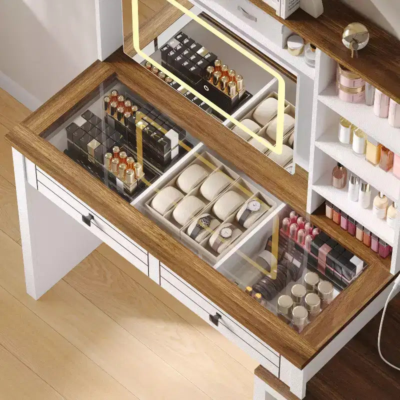 Vanity Mirror with Lights, Makeup Vanity Desk with 5 Drawers, 6 Open Storage Shelves, Large Extendable Dressing Table with Charging Station, Glass
