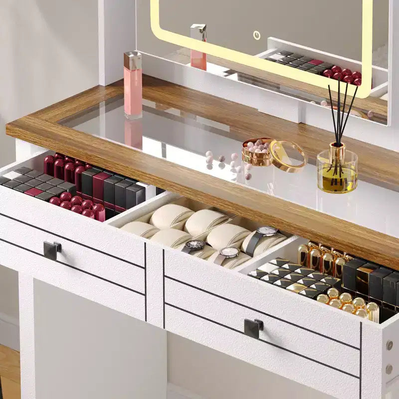 Vanity Mirror with Lights, Makeup Vanity Desk with 5 Drawers, 6 Open Storage Shelves, Large Extendable Dressing Table with Charging Station, Glass