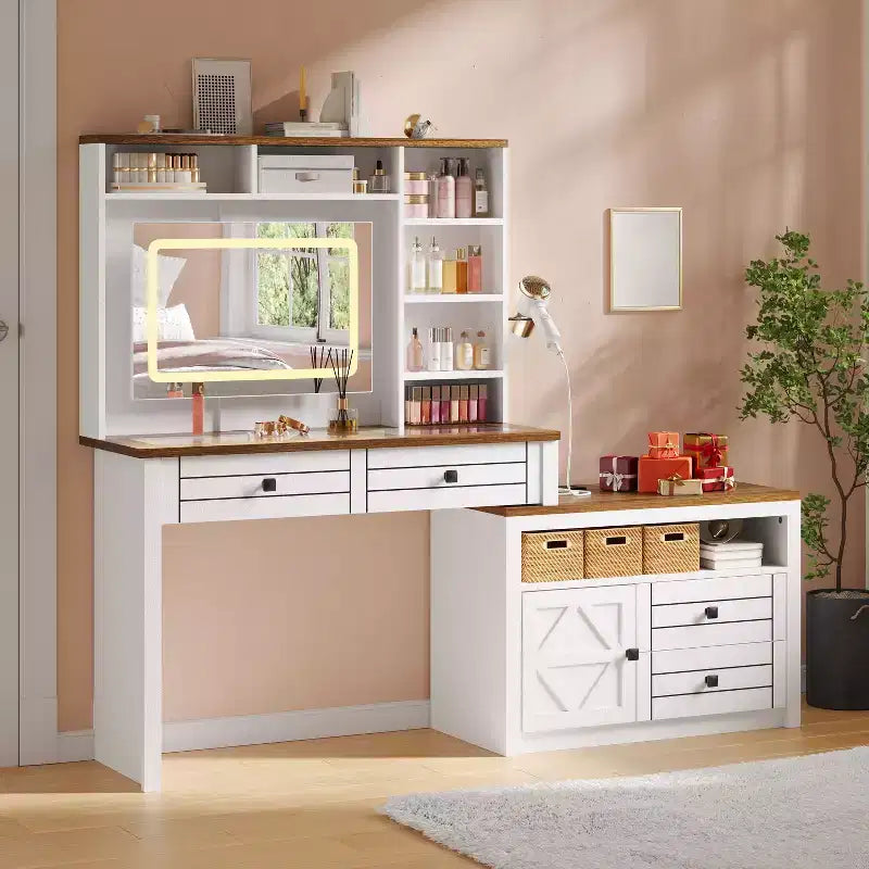 Vanity Mirror with Lights, Makeup Vanity Desk with 5 Drawers, 6 Open Storage Shelves, Large Extendable Dressing Table with Charging Station, Glass
