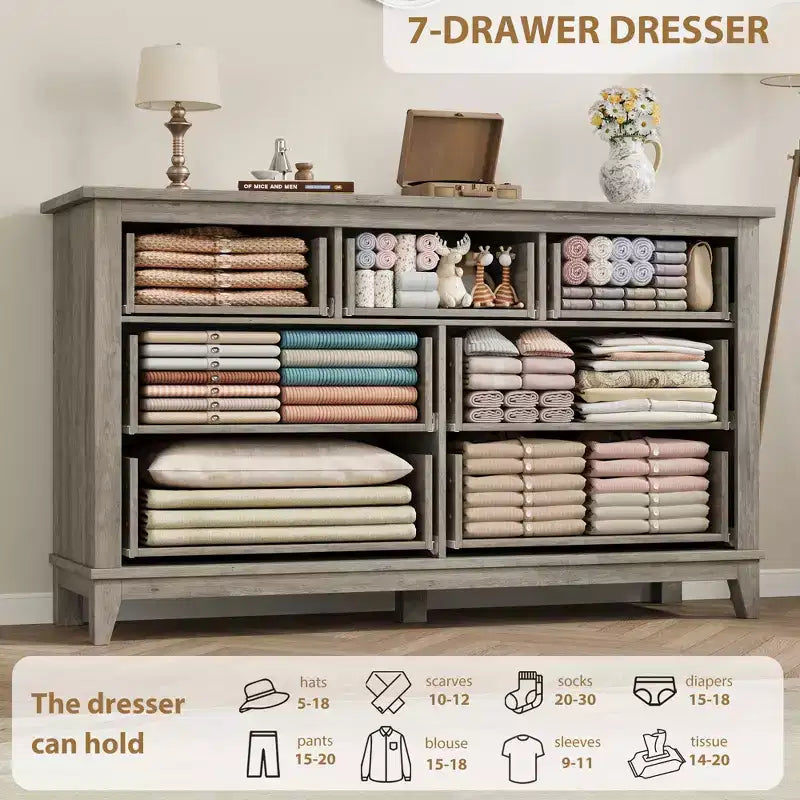 Garvee 7 Dresser for Bedroom, 54 Wide Drawer Dresser with Storage Freestanding, Wooden Closet Storage Chest for Living Room, Bedroom