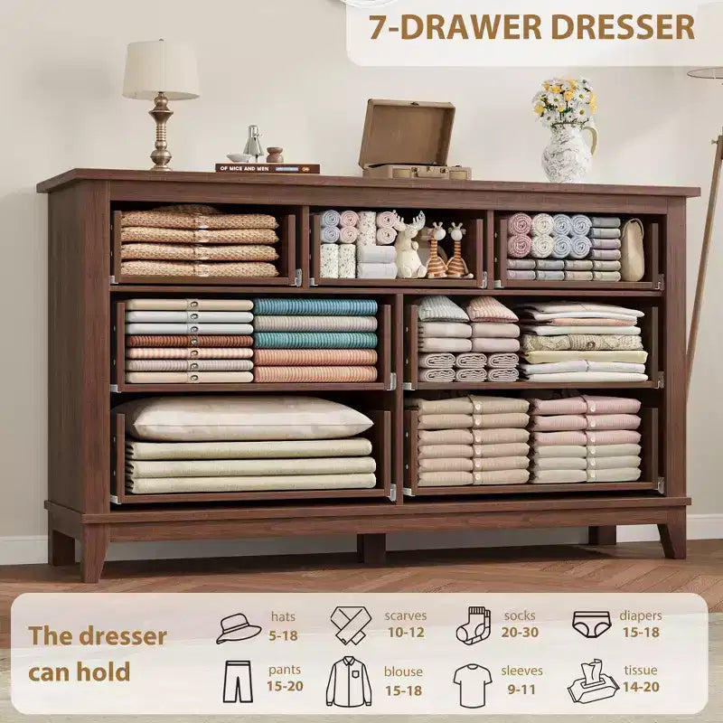 Garvee 7 Dresser for Bedroom, 54 Wide Drawer Dresser with Storage Freestanding, Wooden Closet Storage Chest for Living Room, Bedroom
