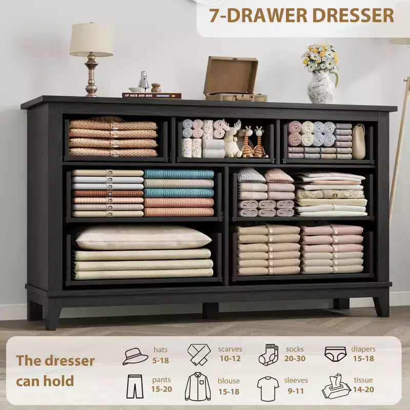 Garvee 7 Dresser for Bedroom, 54 Wide Drawer Dresser with Storage Freestanding, Wooden Closet Storage Chest for Living Room, Bedroom