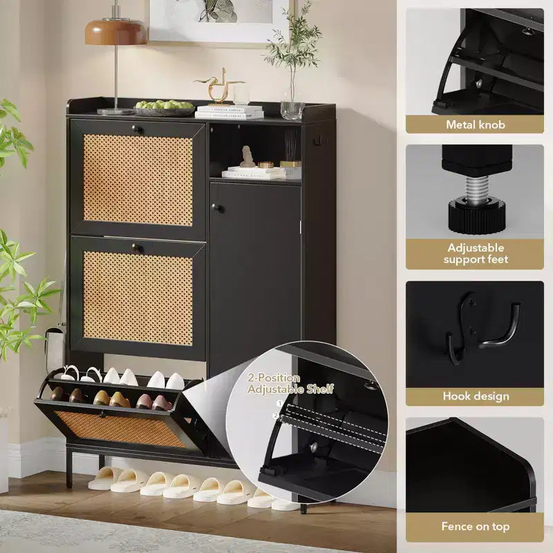CuisinSmart 3 Tier Free Standing Shoe Cabinet with Natural Rattan, Shoe Organizer with Adjustable Shelves, Narrow Shoe Rack for Hallway, Black