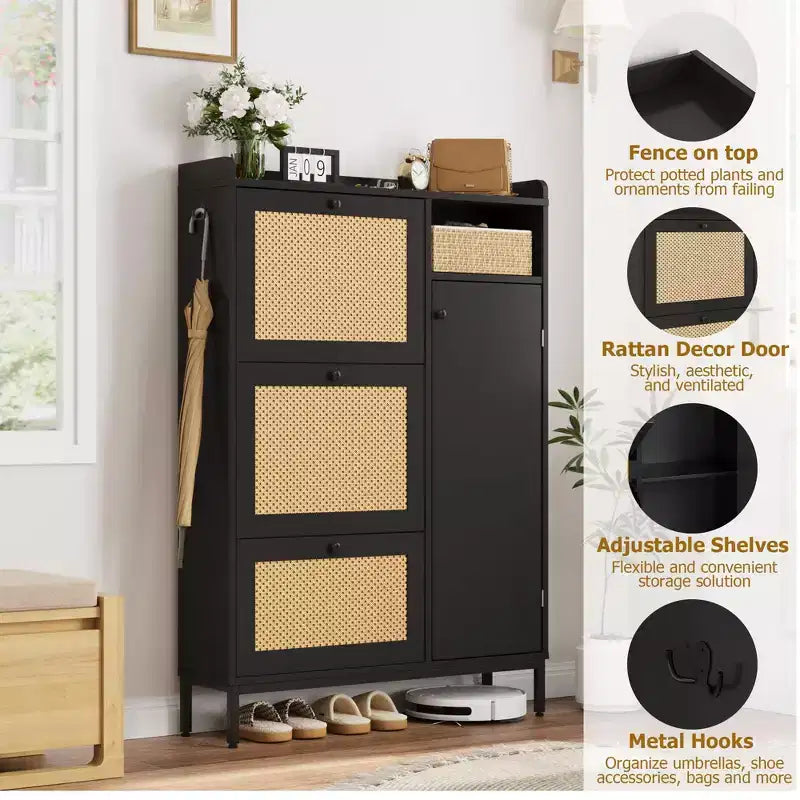 CuisinSmart 3 Tier Free Standing Shoe Cabinet with Natural Rattan, Shoe Organizer with Adjustable Shelves, Narrow Shoe Rack for Hallway, Black