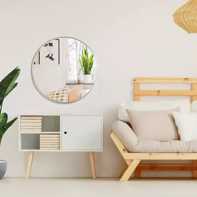 Modern Round Silver Metal Bathroom Vanity Mirror  Wall Mounted