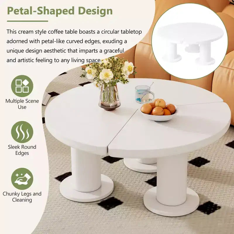 CLIHOME Round Petal-Shaped Coffee Table, Cream Style Center Table with 3 Thick Legs, Minimalist Irregular End Table with Sleek Round Edges