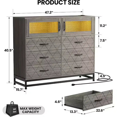 1PC 6-Drawer Dresser with USB Ports & RGB Lights - 2-Door Storage Cabinet for Bedroom/Living Room