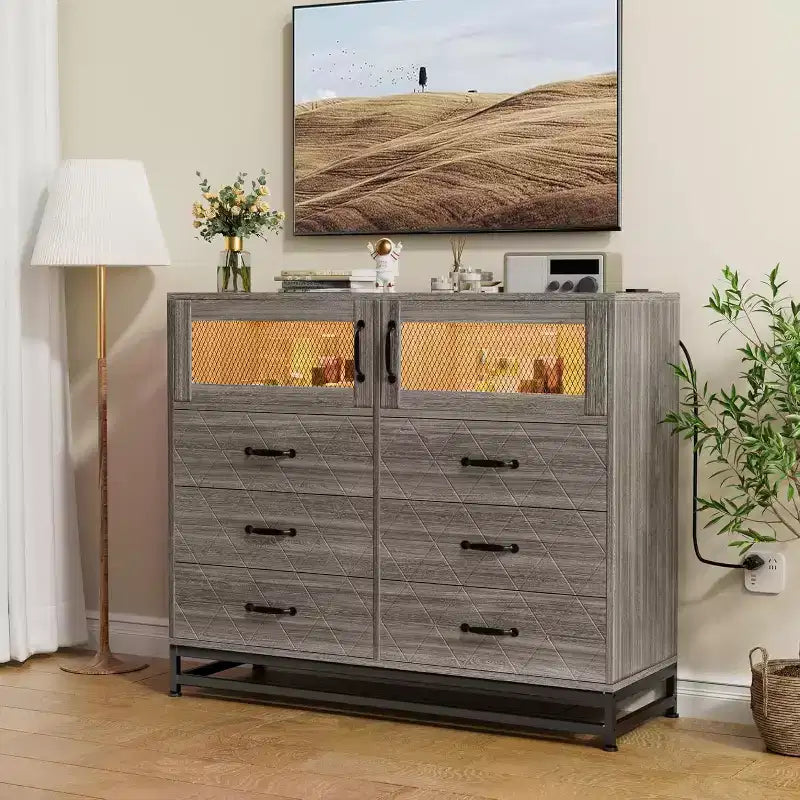 1PC 6-Drawer Dresser with USB Ports & RGB Lights - 2-Door Storage Cabinet for Bedroom/Living Room