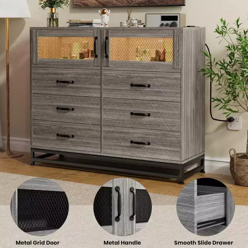 1PC 6-Drawer Dresser with USB Ports & RGB Lights - 2-Door Storage Cabinet for Bedroom/Living Room