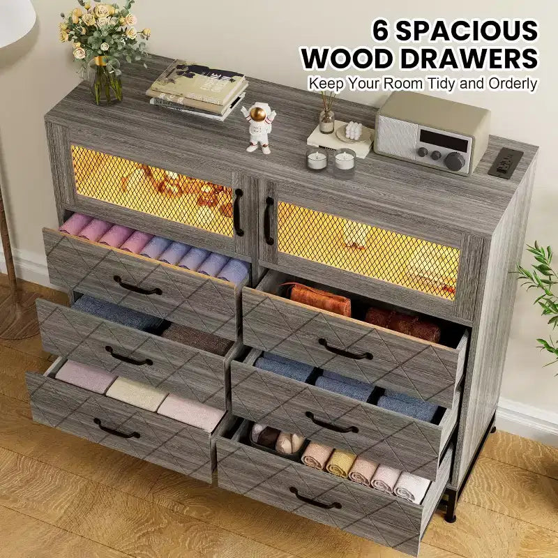 1PC 6-Drawer Dresser with USB Ports & RGB Lights - 2-Door Storage Cabinet for Bedroom/Living Room