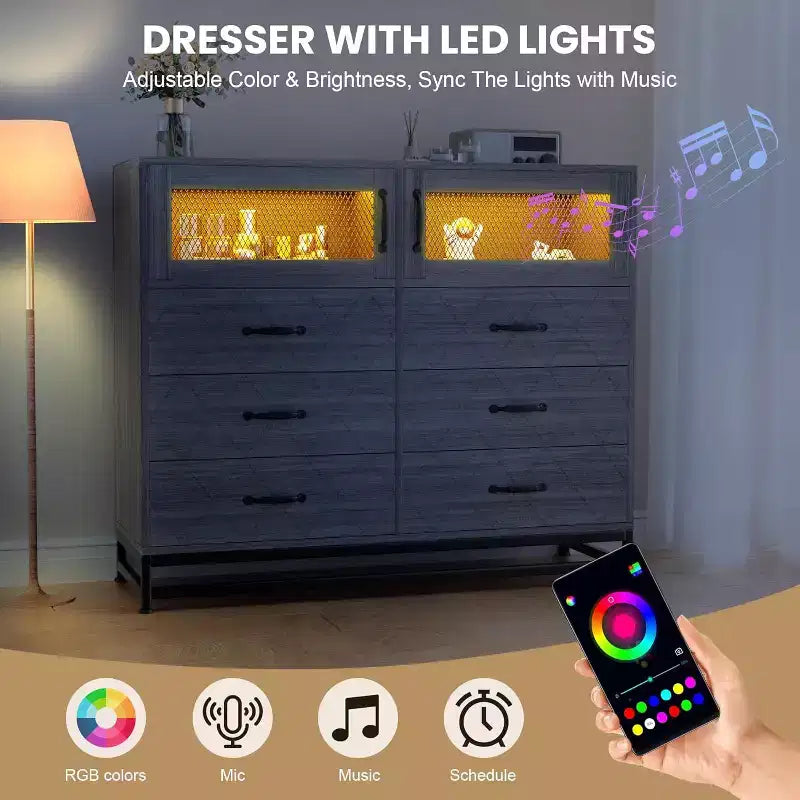 1PC 6-Drawer Dresser with USB Ports & RGB Lights - 2-Door Storage Cabinet for Bedroom/Living Room