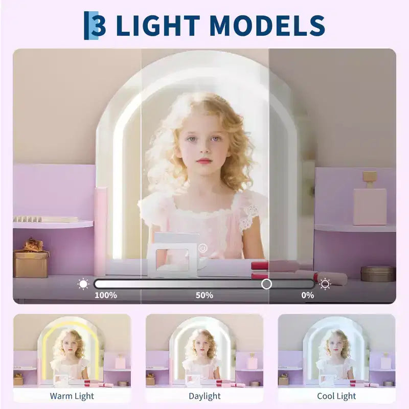 Kids Vanity Desk with Mirror, 2 In 1 Little Girls Vanity Table & Stool, Kids Makeup Table with Bookshelf, Drawer & Open Shelves for 3-9 Yrs Girls