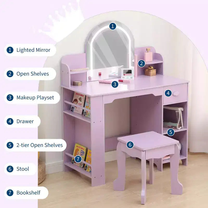 Kids Vanity Desk with Mirror, 2 In 1 Little Girls Vanity Table & Stool, Kids Makeup Table with Bookshelf, Drawer & Open Shelves for 3-9 Yrs Girls