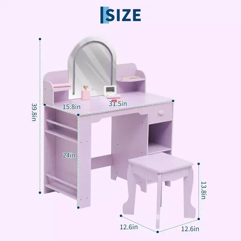 Kids Vanity Desk with Mirror, 2 In 1 Little Girls Vanity Table & Stool, Kids Makeup Table with Bookshelf, Drawer & Open Shelves for 3-9 Yrs Girls