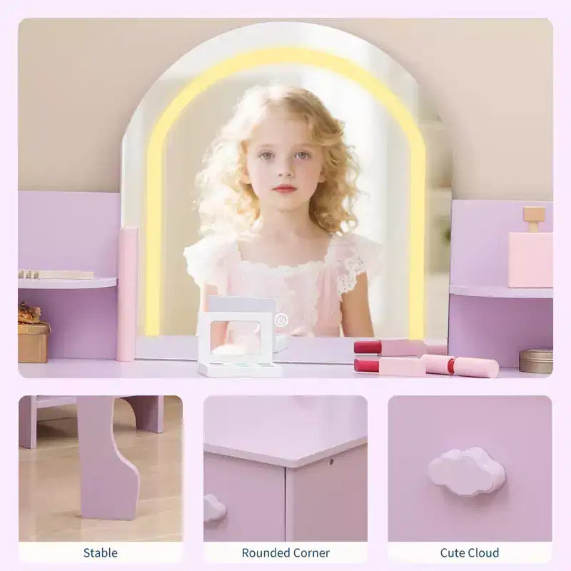 Kids Vanity Desk with Mirror, 2 In 1 Little Girls Vanity Table & Stool, Kids Makeup Table with Bookshelf, Drawer & Open Shelves for 3-9 Yrs Girls
