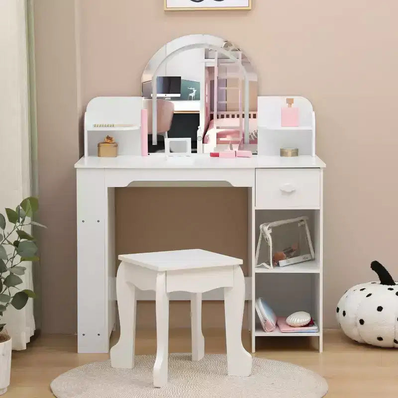 Kids Vanity Desk with Mirror, 2 In 1 Little Girls Vanity Table & Stool, Kids Makeup Table with Bookshelf, Drawer & Open Shelves for 3-9 Yrs Girls