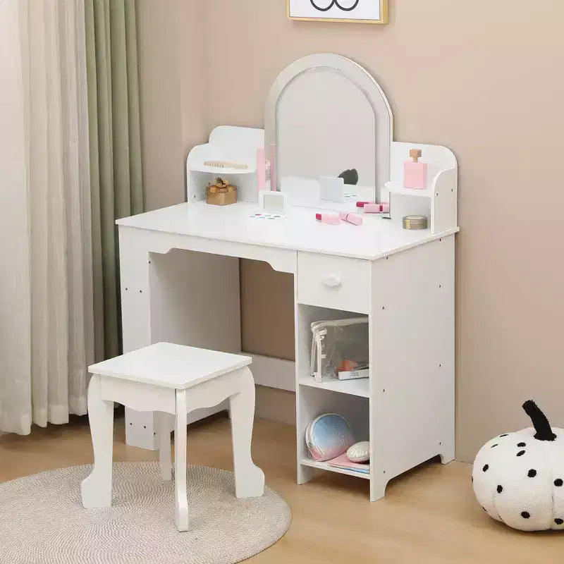 Kids Vanity Desk with Mirror, 2 In 1 Little Girls Vanity Table & Stool, Kids Makeup Table with Bookshelf, Drawer & Open Shelves for 3-9 Yrs Girls