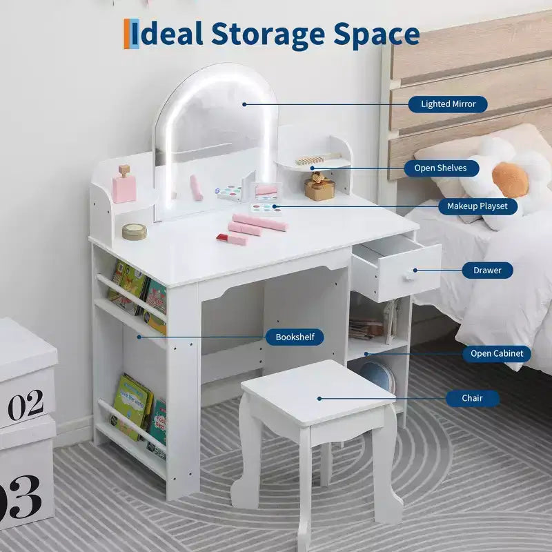 Kids Vanity Desk with Mirror, 2 In 1 Little Girls Vanity Table & Stool, Kids Makeup Table with Bookshelf, Drawer & Open Shelves for 3-9 Yrs Girls