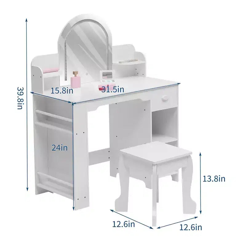 Kids Vanity Desk with Mirror, 2 In 1 Little Girls Vanity Table & Stool, Kids Makeup Table with Bookshelf, Drawer & Open Shelves for 3-9 Yrs Girls