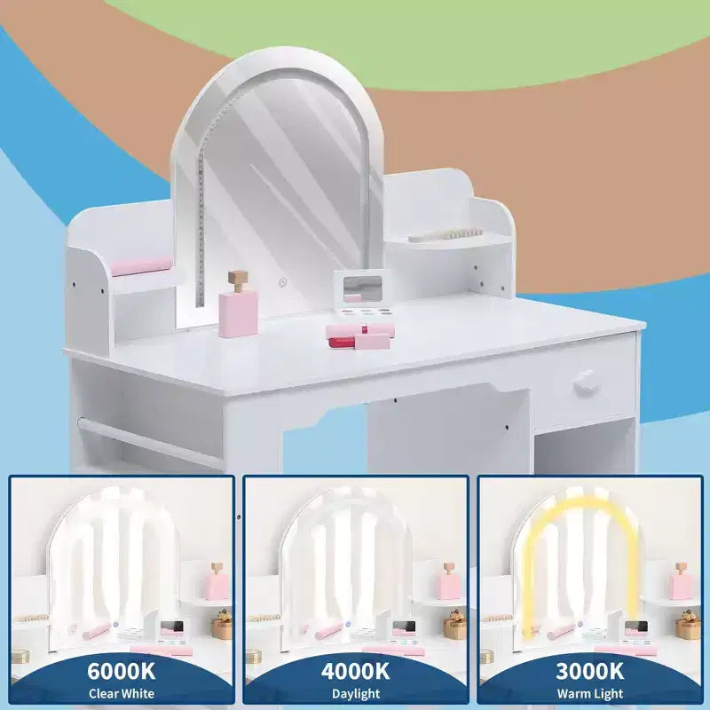 Kids Vanity Desk with Mirror, 2 In 1 Little Girls Vanity Table & Stool, Kids Makeup Table with Bookshelf, Drawer & Open Shelves for 3-9 Yrs Girls