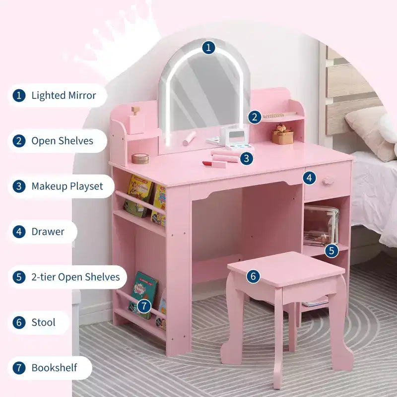Kids Vanity Desk with Mirror, 2 In 1 Little Girls Vanity Table & Stool, Kids Makeup Table with Bookshelf, Drawer & Open Shelves for 3-9 Yrs Girls