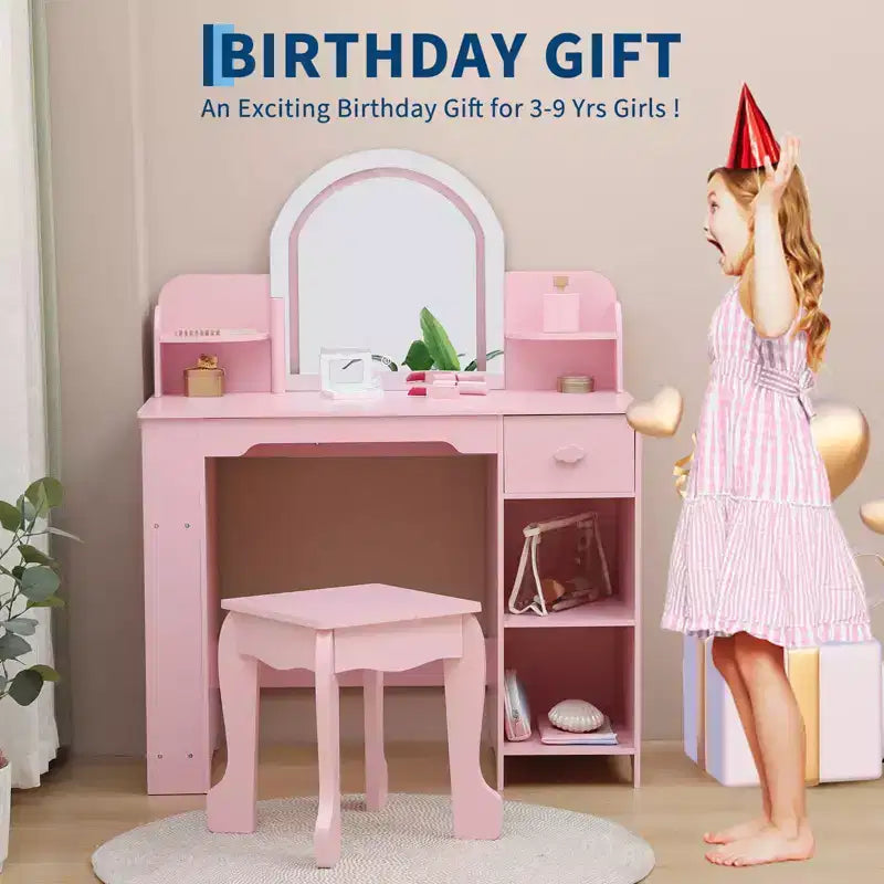 Kids Vanity Desk with Mirror, 2 In 1 Little Girls Vanity Table & Stool, Kids Makeup Table with Bookshelf, Drawer & Open Shelves for 3-9 Yrs Girls