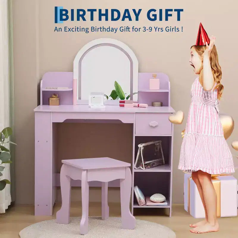 Kids Vanity Desk with Mirror, 2 In 1 Little Girls Vanity Table & Stool, Kids Makeup Table with Bookshelf, Drawer & Open Shelves for 3-9 Yrs Girls