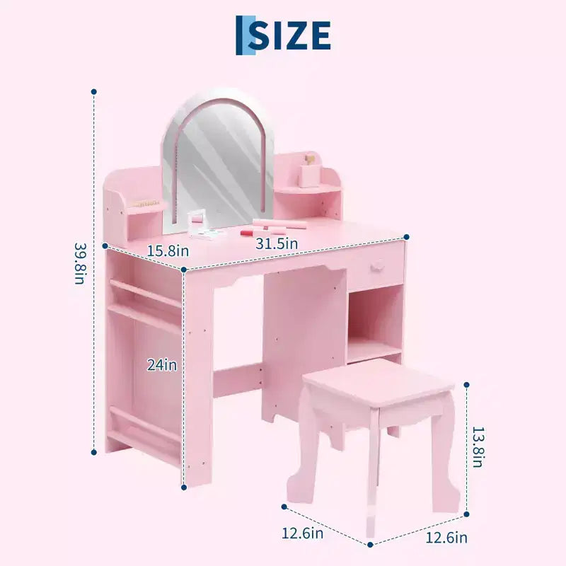 Kids Vanity Desk with Mirror, 2 In 1 Little Girls Vanity Table & Stool, Kids Makeup Table with Bookshelf, Drawer & Open Shelves for 3-9 Yrs Girls