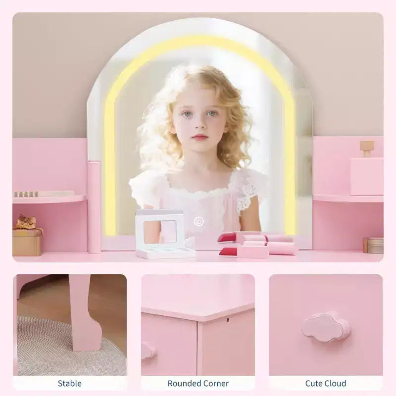 Kids Vanity Desk with Mirror, 2 In 1 Little Girls Vanity Table & Stool, Kids Makeup Table with Bookshelf, Drawer & Open Shelves for 3-9 Yrs Girls