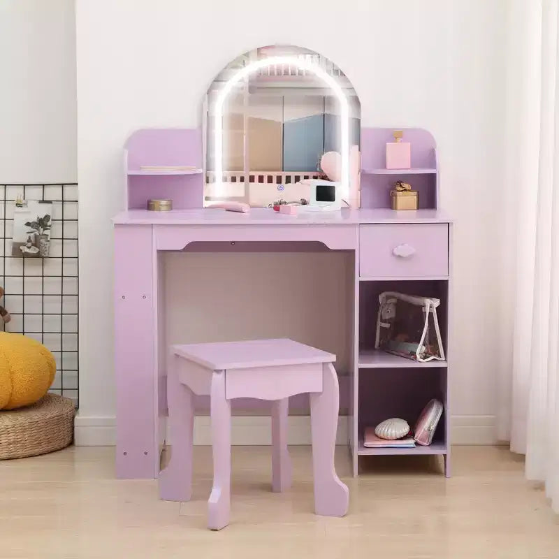 Kids Vanity Desk with Mirror, 2 In 1 Little Girls Vanity Table & Stool, Kids Makeup Table with Bookshelf, Drawer & Open Shelves for 3-9 Yrs Girls