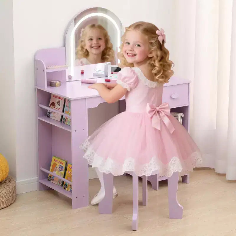Kids Vanity Desk with Mirror, 2 In 1 Little Girls Vanity Table & Stool, Kids Makeup Table with Bookshelf, Drawer & Open Shelves for 3-9 Yrs Girls
