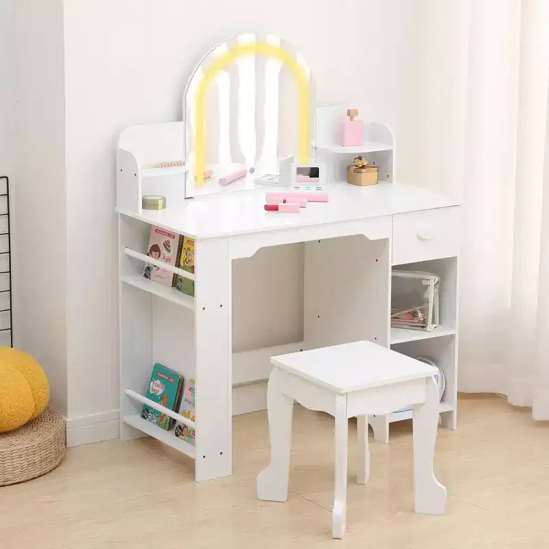 Kids Vanity Desk with Mirror, 2 In 1 Little Girls Vanity Table & Stool, Kids Makeup Table with Bookshelf, Drawer & Open Shelves for 3-9 Yrs Girls