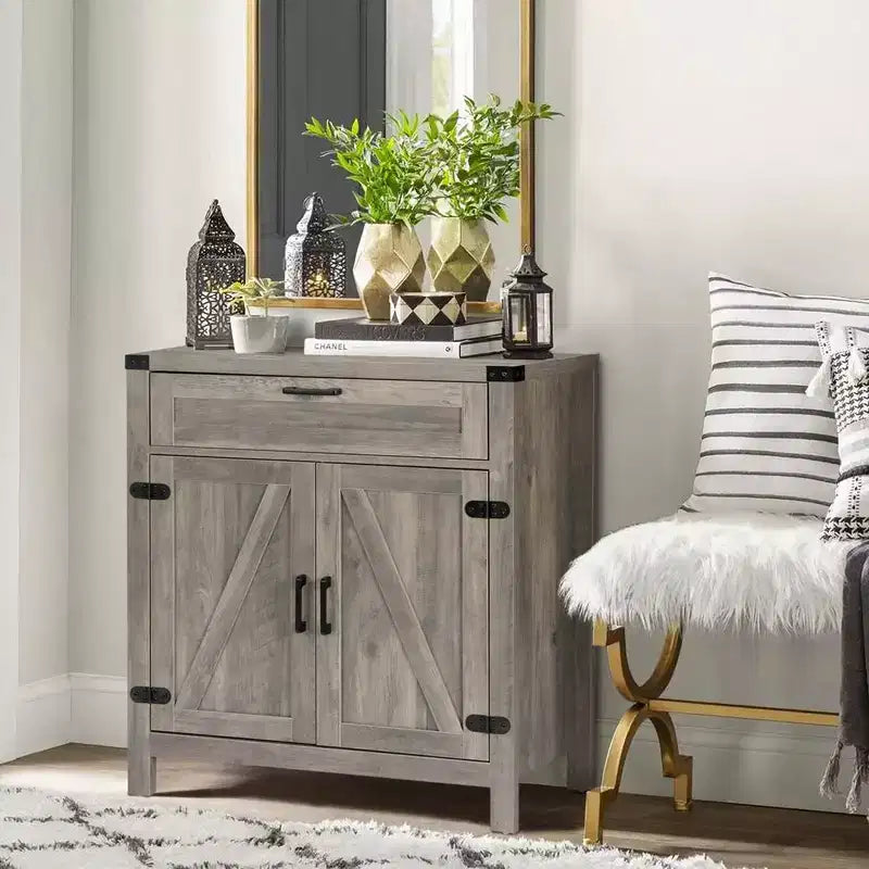 VINGLI Modern Farmhouse Sideboard Buffet Cabinet with Drawer, Storage Cabinet with Doors and Adjustable Shelves, Coffee Bar Station, Ash Grey