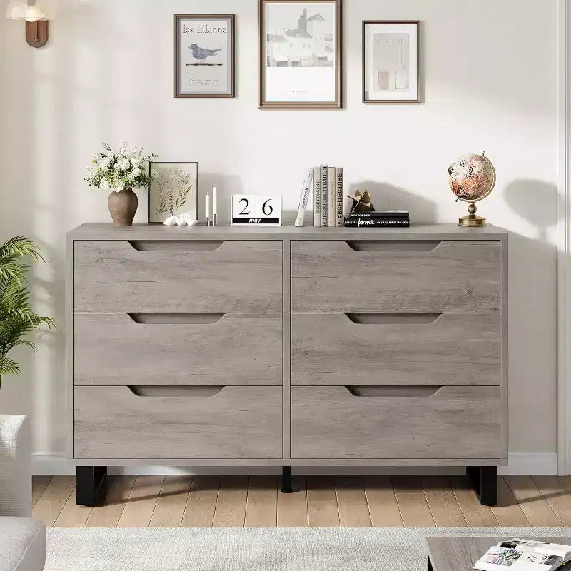 6 Dresser for Bedroom, Wide Dresser, Freestanding Vertical Drawer Cabinet, Wooden Closet Storage Chest for Living Room, Hallway, Entryway