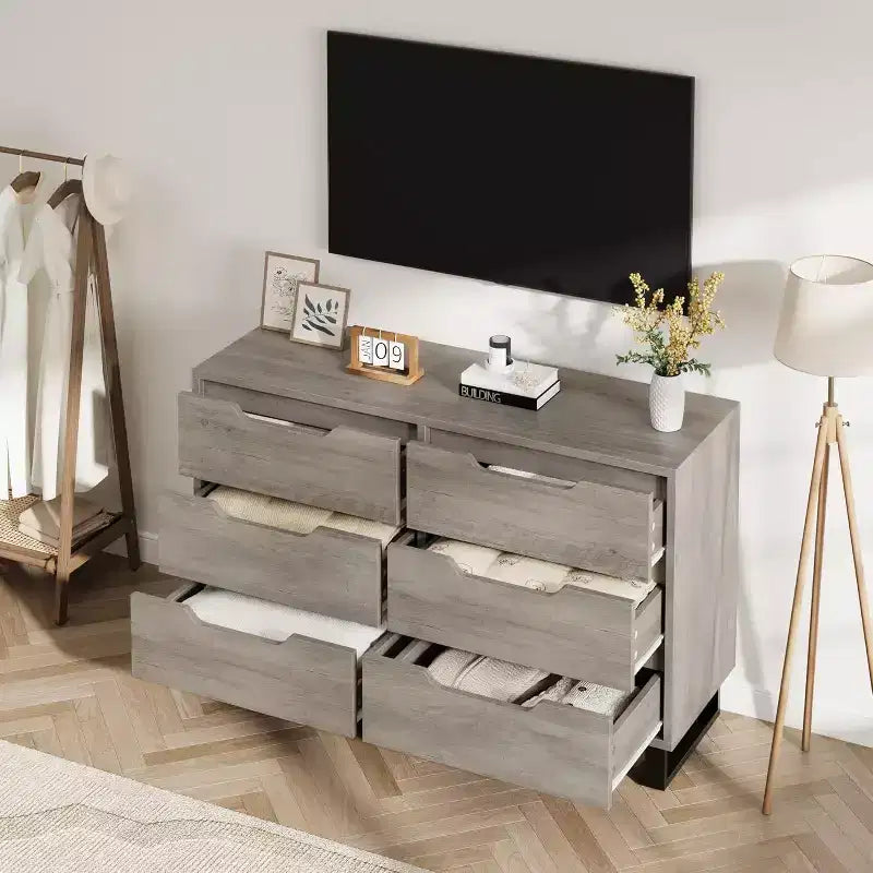 6 Dresser for Bedroom, Wide Dresser, Freestanding Vertical Drawer Cabinet, Wooden Closet Storage Chest for Living Room, Hallway, Entryway