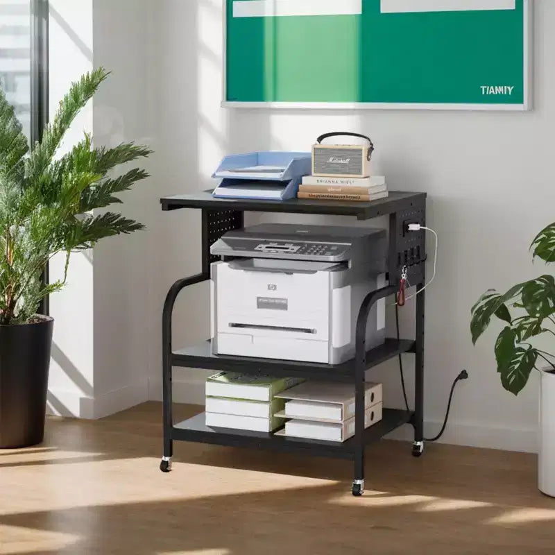 VINGLI 3 Tier Large 3D Printer Stand with Power Outlet/USB Port, Rolling Printer Cart with Adjustable Shelf, Laser Printer Table (Black)
