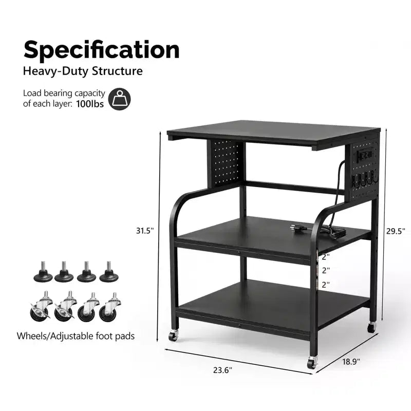 VINGLI 3 Tier Large 3D Printer Stand with Power Outlet/USB Port, Rolling Printer Cart with Adjustable Shelf, Laser Printer Table (Black)