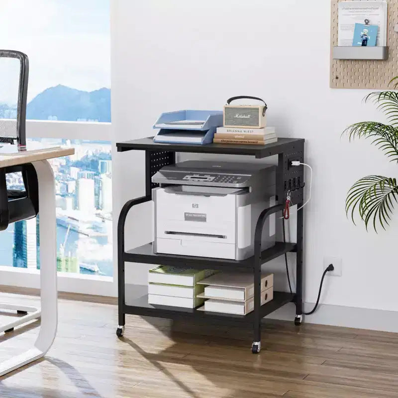 VINGLI 3 Tier Large 3D Printer Stand with Power Outlet/USB Port, Rolling Printer Cart with Adjustable Shelf, Laser Printer Table (Black)
